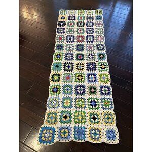 VTG Multicolor Handmade Cottage Core Granny Square Crochet 74x26 Bohochic Runner